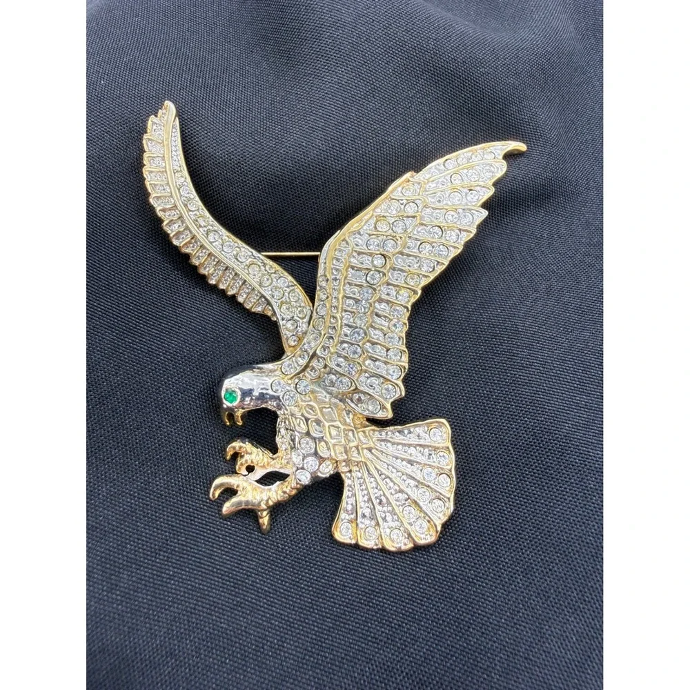 Gold Tone Soaring Eagle Brooch Clear Pave Crystal Rhinestone Green Eye Pin